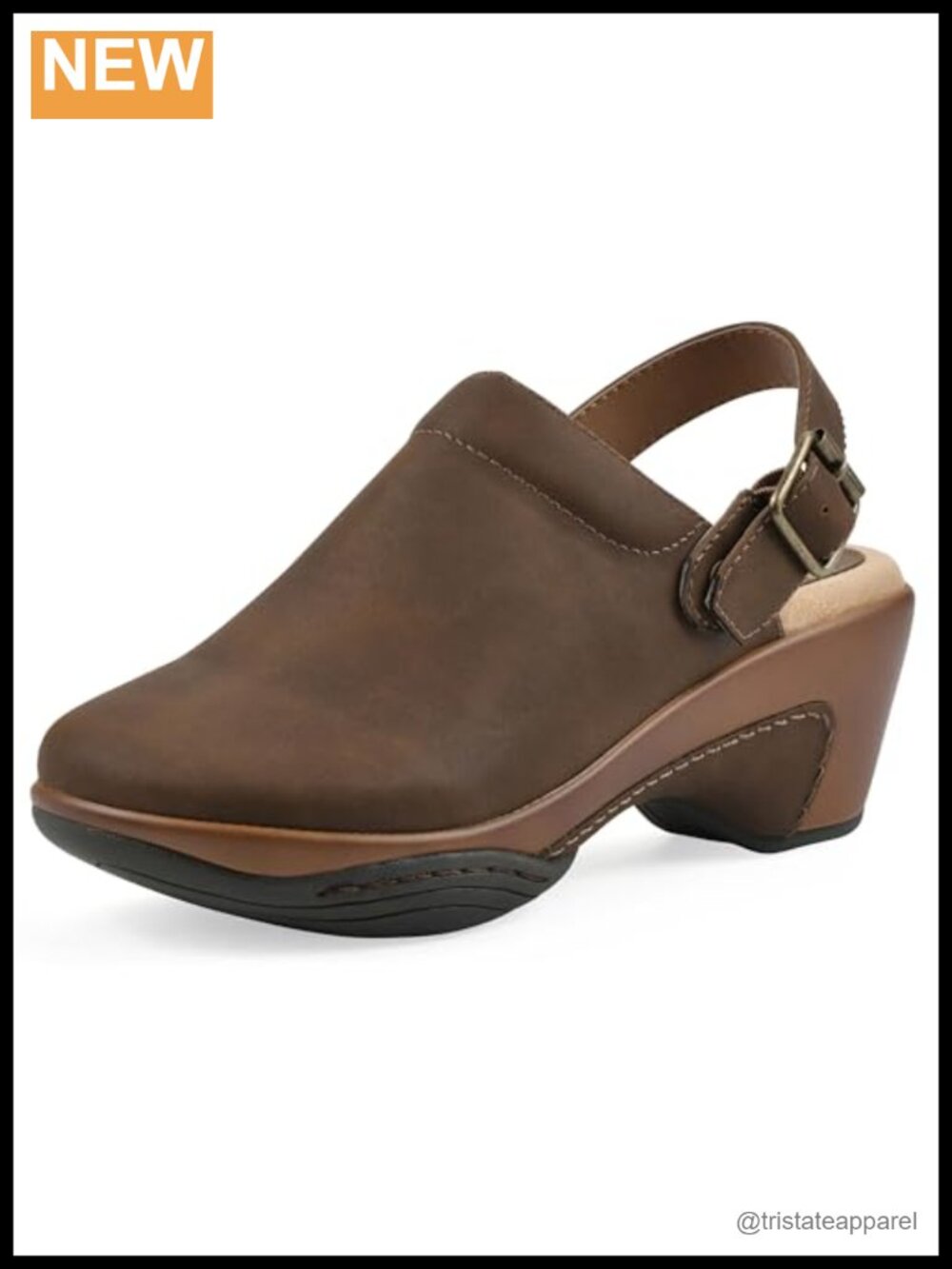 Heeled Clog with Adjustable Strap and Soft Suedette Lining
